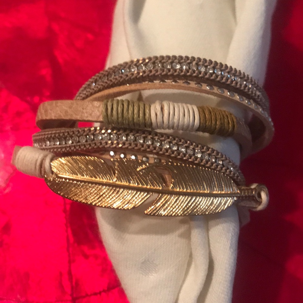 Cream color leather and gold wrap bracelet